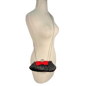 Vintage Black & Red Bow Satin Clutch Purse Y2K Long Silver Chain Strap NWOT